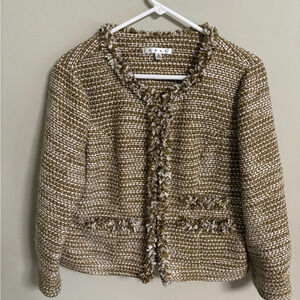 CABI Women’s Gold Tweed Fringe Blazer Jacket Career Elegant Size Medium Hook